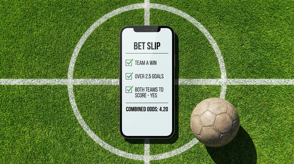 Football pitch seen from above with a smartphone displaying a bet builder slip