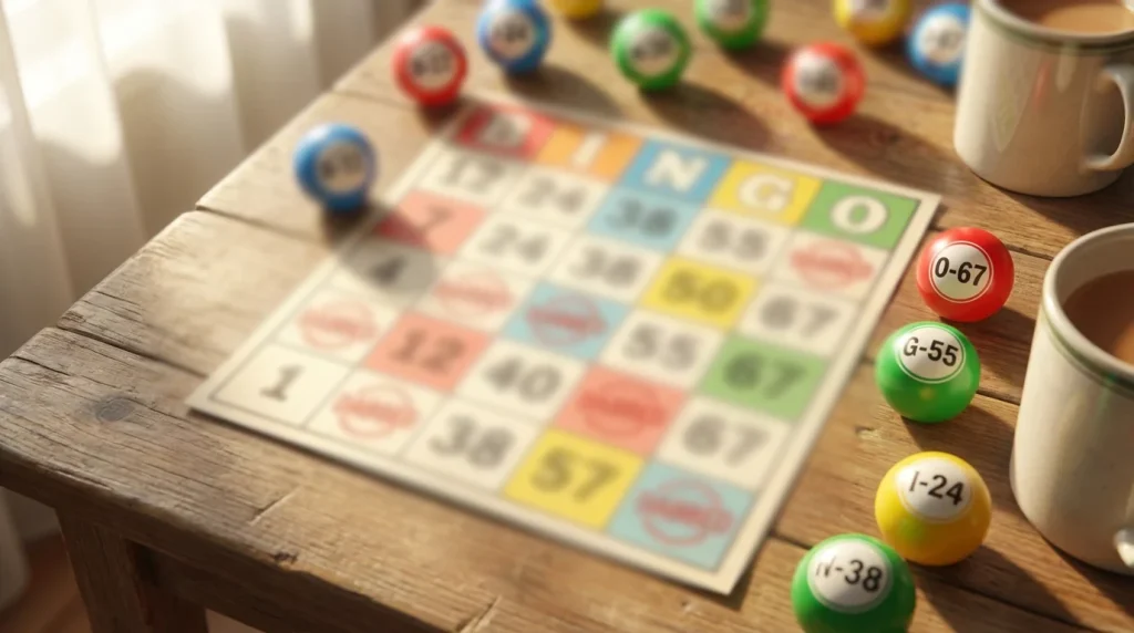 Gambling apps for bingo UK — colourful bingo card with numbered balls on a warm background