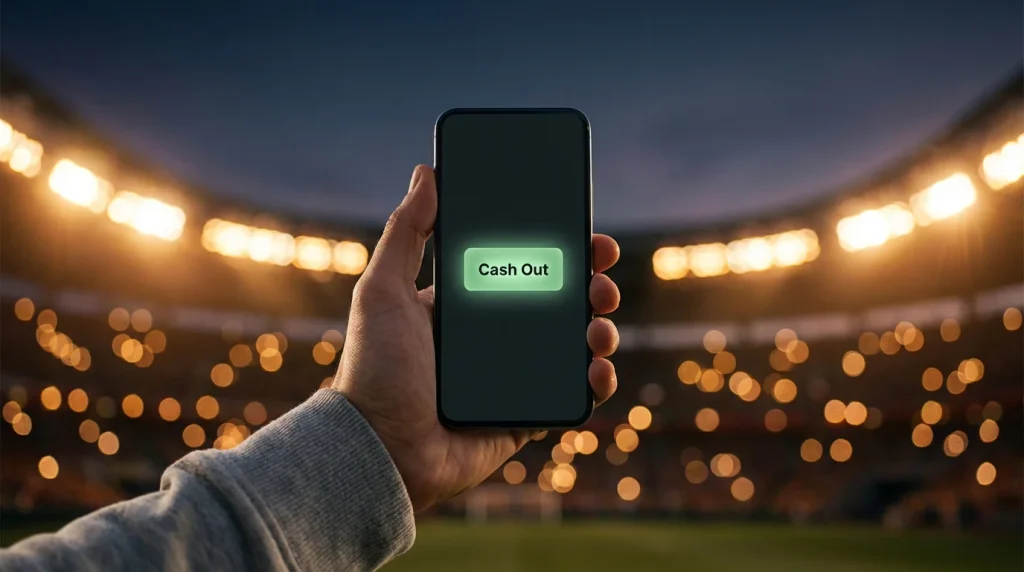 Hand holding a smartphone showing a live football bet with a cash out button