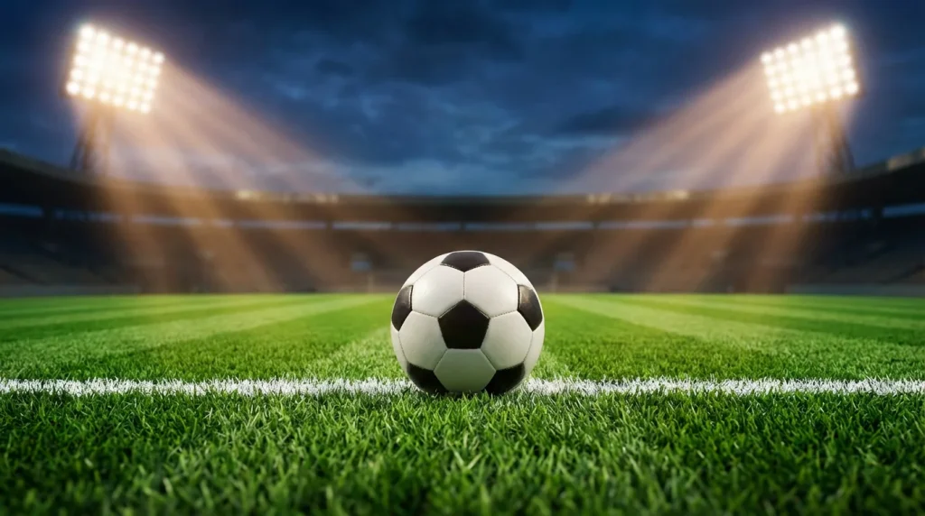 Football on a grass pitch under stadium floodlights at dusk
