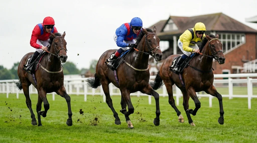 Jockeys racing on a green turf racecourse with grandstand in the background