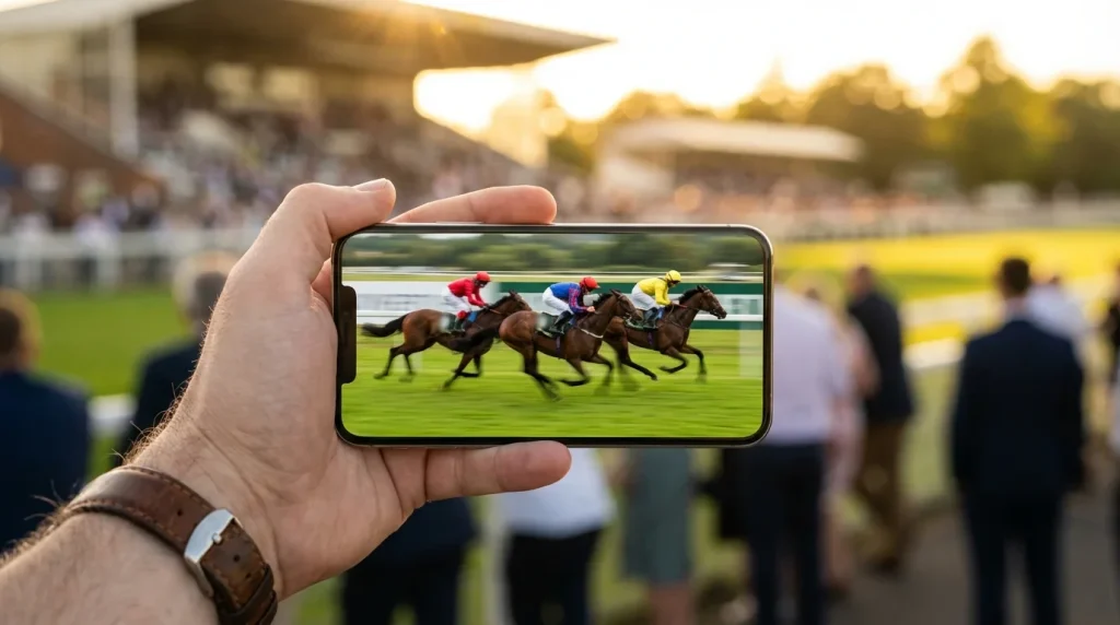 Live horse racing on a betting app screen with green turf in the background