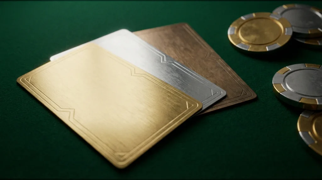 Gold and silver loyalty reward cards fanned out on a dark felt surface