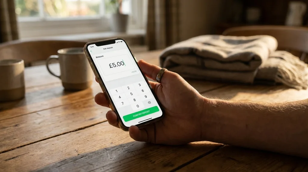 Gambling apps UK minimum deposit £5 — hand holding a smartphone with a small deposit screen