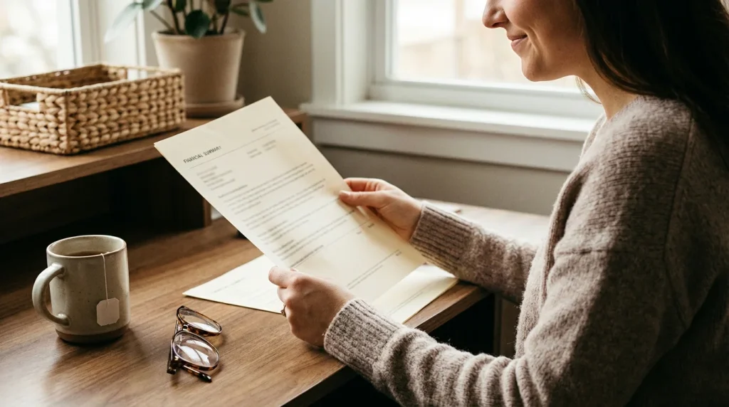 Person reviewing a financial document at a desk with a cup of tea