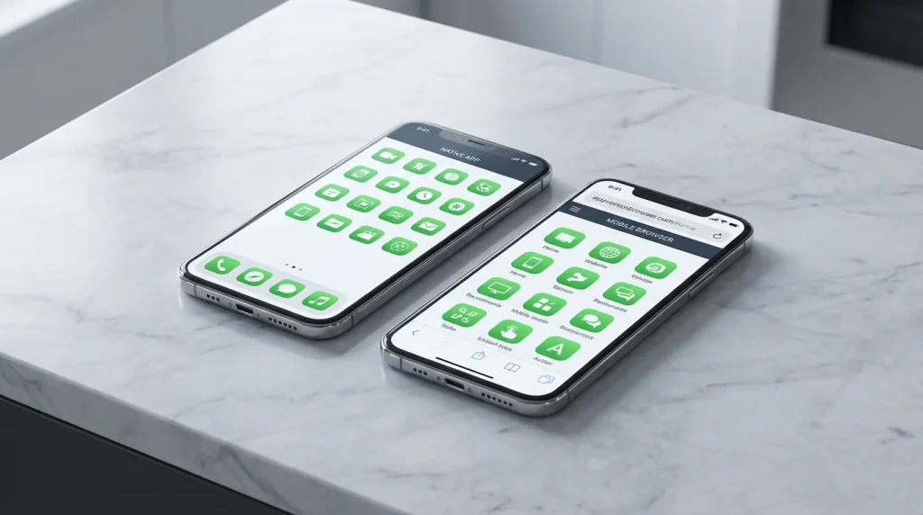 Smartphone showing a split screen of a native app icon and a browser tab