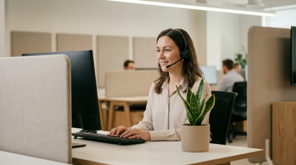 Customer support agent wearing a headset at a modern desk with a monitor