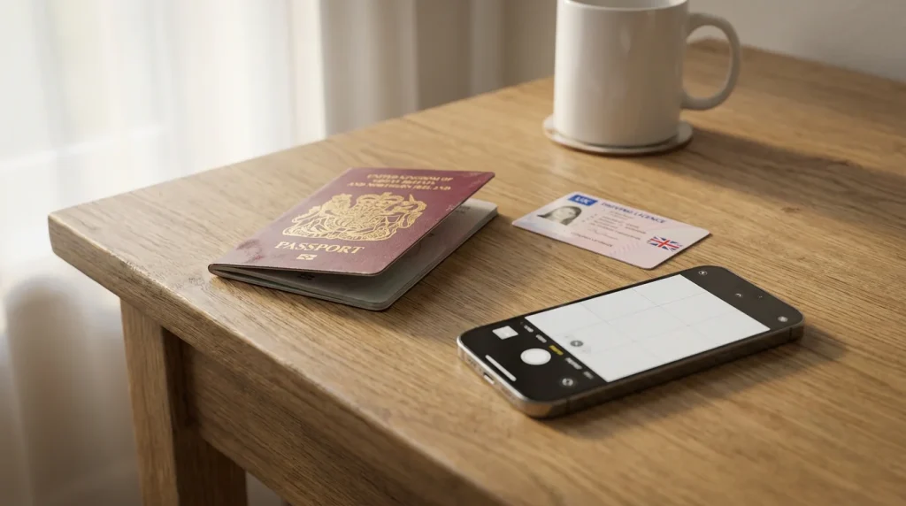 Passport and driving licence placed next to a smartphone on a desk