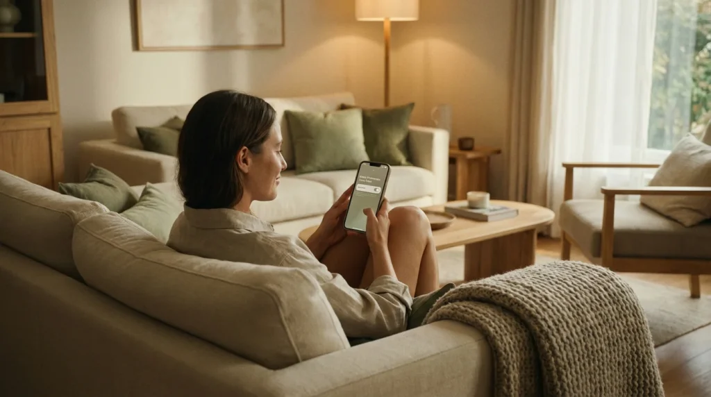 Person setting up account preferences on a smartphone in a calm home setting