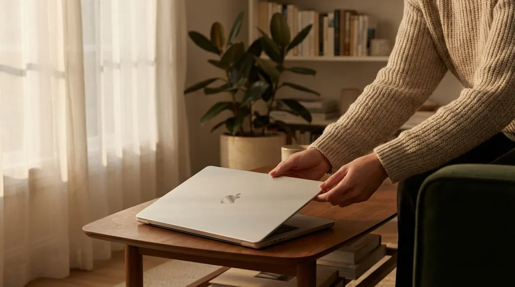Person calmly closing a laptop in a quiet living room with warm light