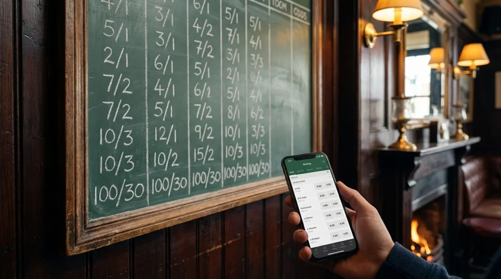 Chalkboard-style odds display next to a smartphone showing a betting app