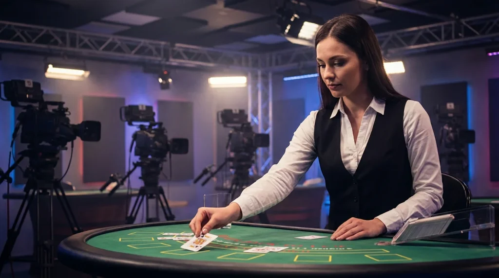 Live casino apps UK — professional dealer at a blackjack table in a studio setting