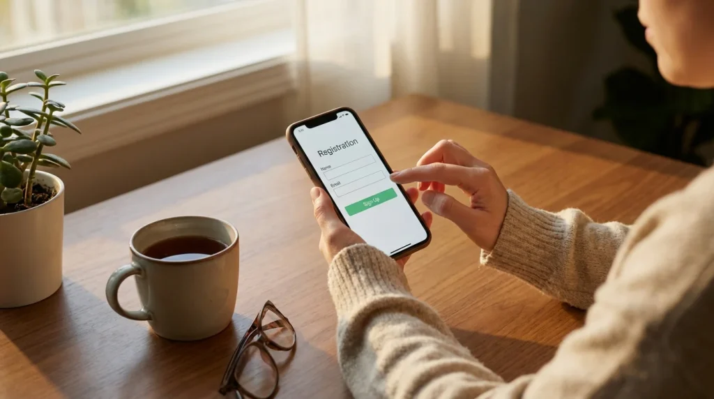 No deposit gambling apps UK — person registering on a gambling app without entering payment details