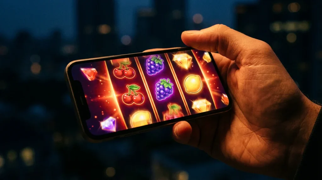 Online slots apps UK — colourful slot reels glowing on a smartphone screen