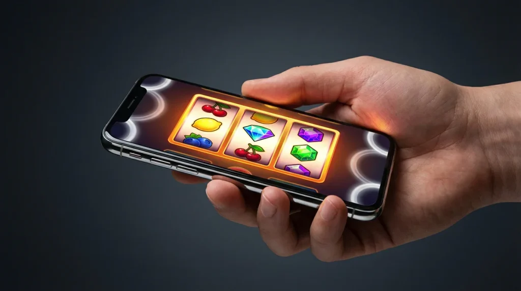 Colourful slot machine reels frozen mid-spin on a smartphone screen