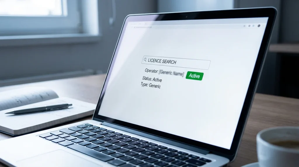 Close-up of a laptop screen showing the Gambling Commission public register search page